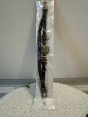 Cancer Zodiac Black Braided Leather Bracelet with Metal Medallion